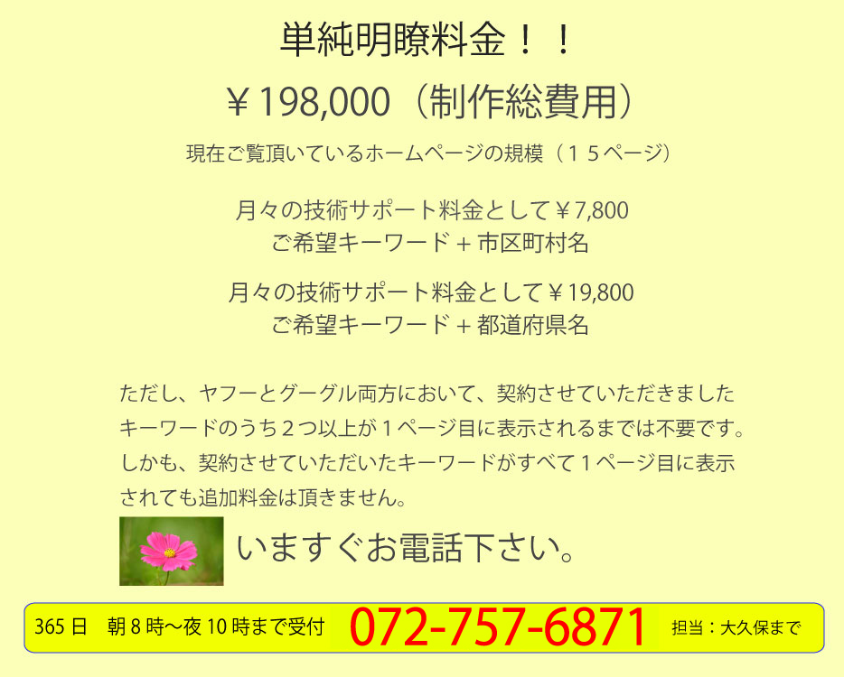 単純明瞭な料金体系です。この現在ご覧いただいているホームページで１５ページ規模となりますが、これと同じボリュームで、ＳＥＯ対策済みのホームページ制作総費用としてわずか１９８０００円となります。月々の技術サポート料金として７８００円が維持費ですが、契約の２つ以上のキーワードで、ヤフーとグーグル両方において、検索１ページ目に出るまではいただきません。しかも契約いただいたキーワードが全部１ページ目までに入っても追加料金はいただきません。いますぐお電話ください。０７０－６８２０－４５０１朝８時から夜８時まで