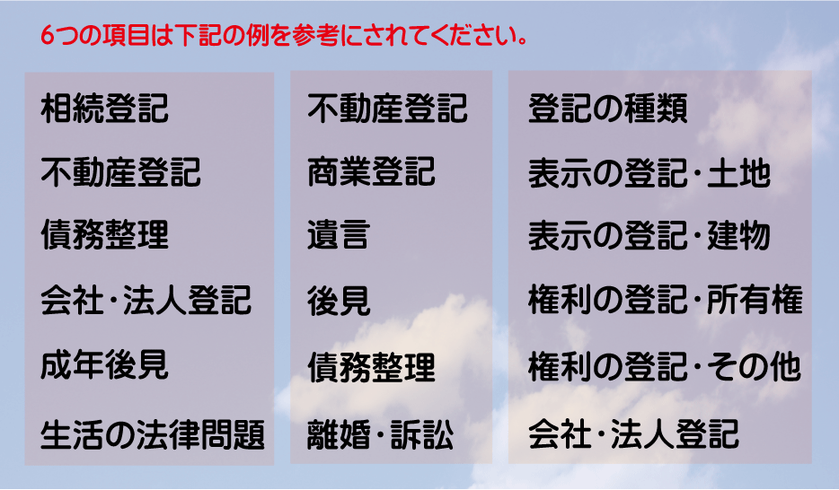 ６つの表示項目は下記の例を参考にされてください。１つめ、相続登記、不動産登記、債務整理、会社・法人登記、成年後見、生活の法律問題。２つめ、不動産登記、商業登記、遺言、後見、債務整理、離婚・訴訟。３つめ、登記の種類、表示の登記・土地、表示の登記・建物、権利の登記・所有権、権利の登記・その他、会社・法人登記です。